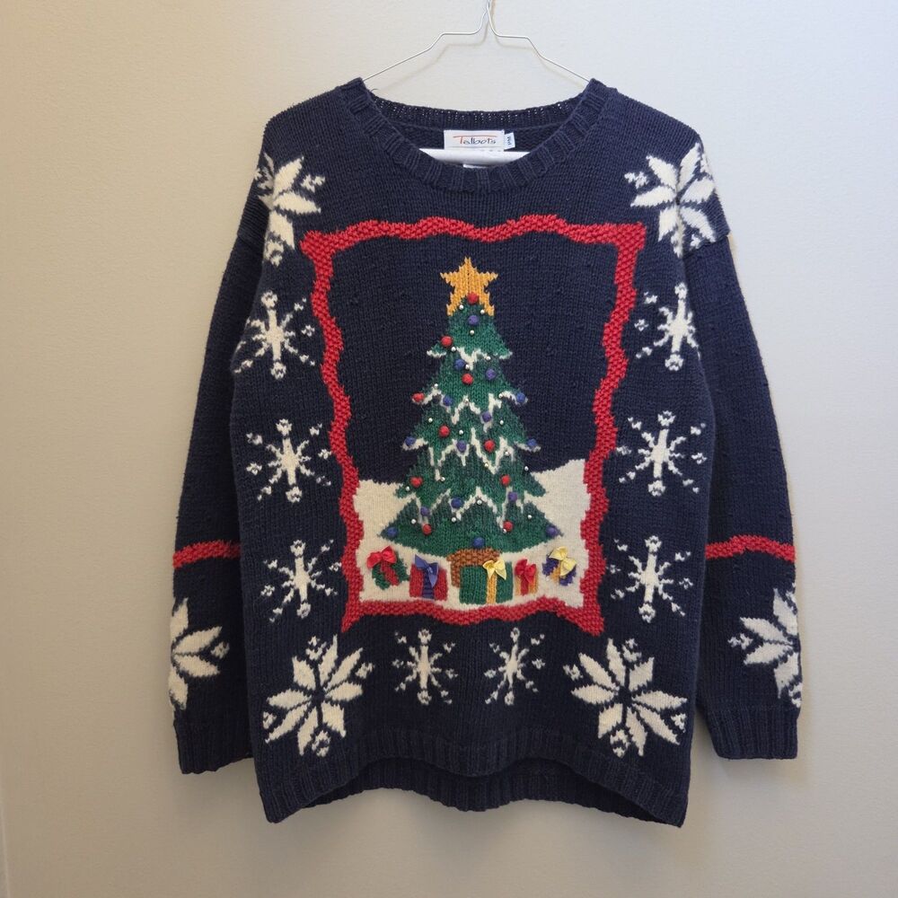 Vtg Talbots Hand Knit Crochet Christmas Tree Sweater Holiday Party Snowflakes